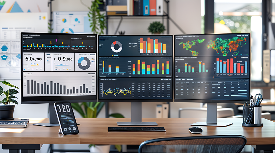 Business dashboard showing colorful data visualizations